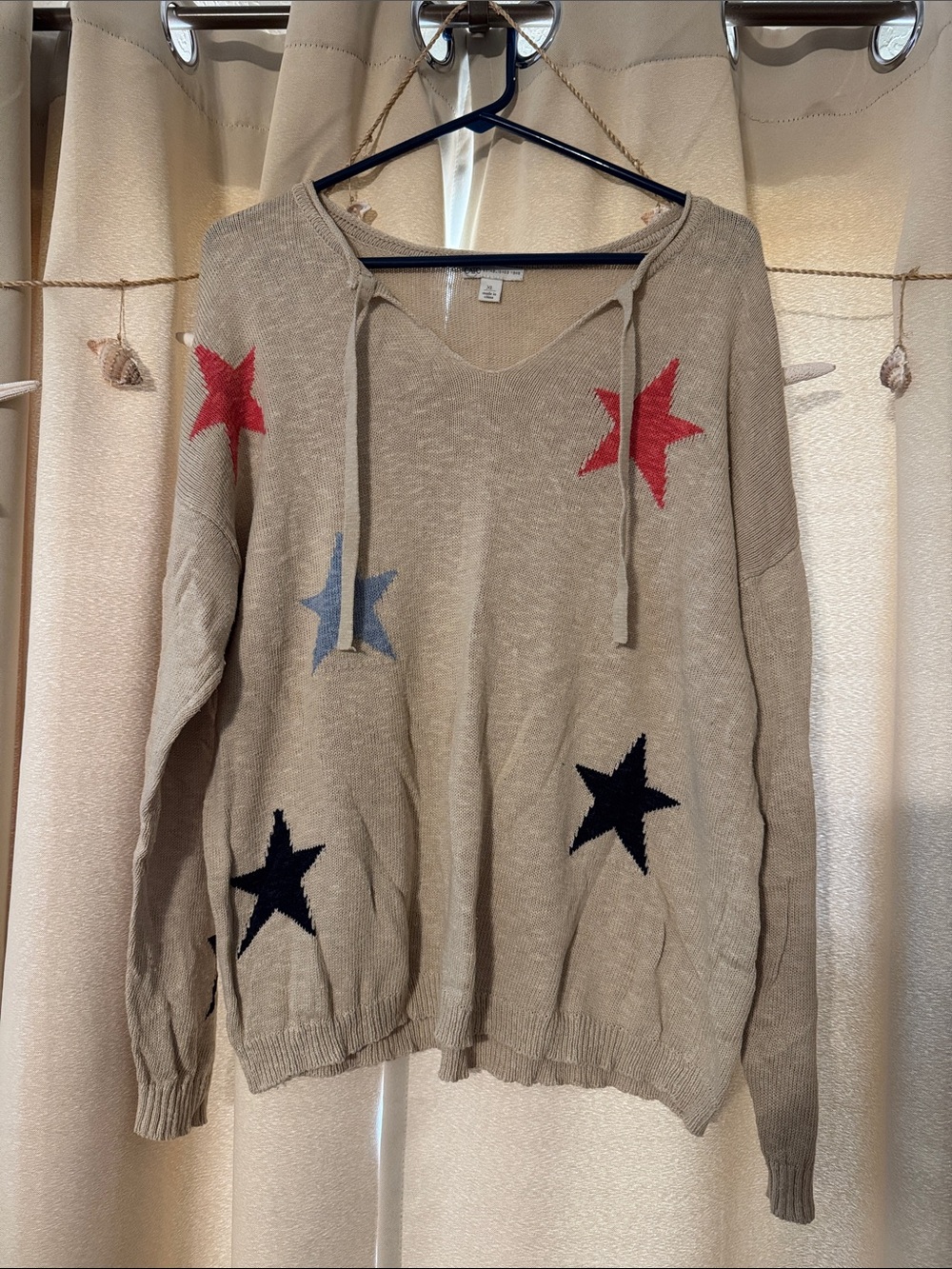 Cato Beige V-Neck Star Knit Sweater with Red, Blue, Navy Stars